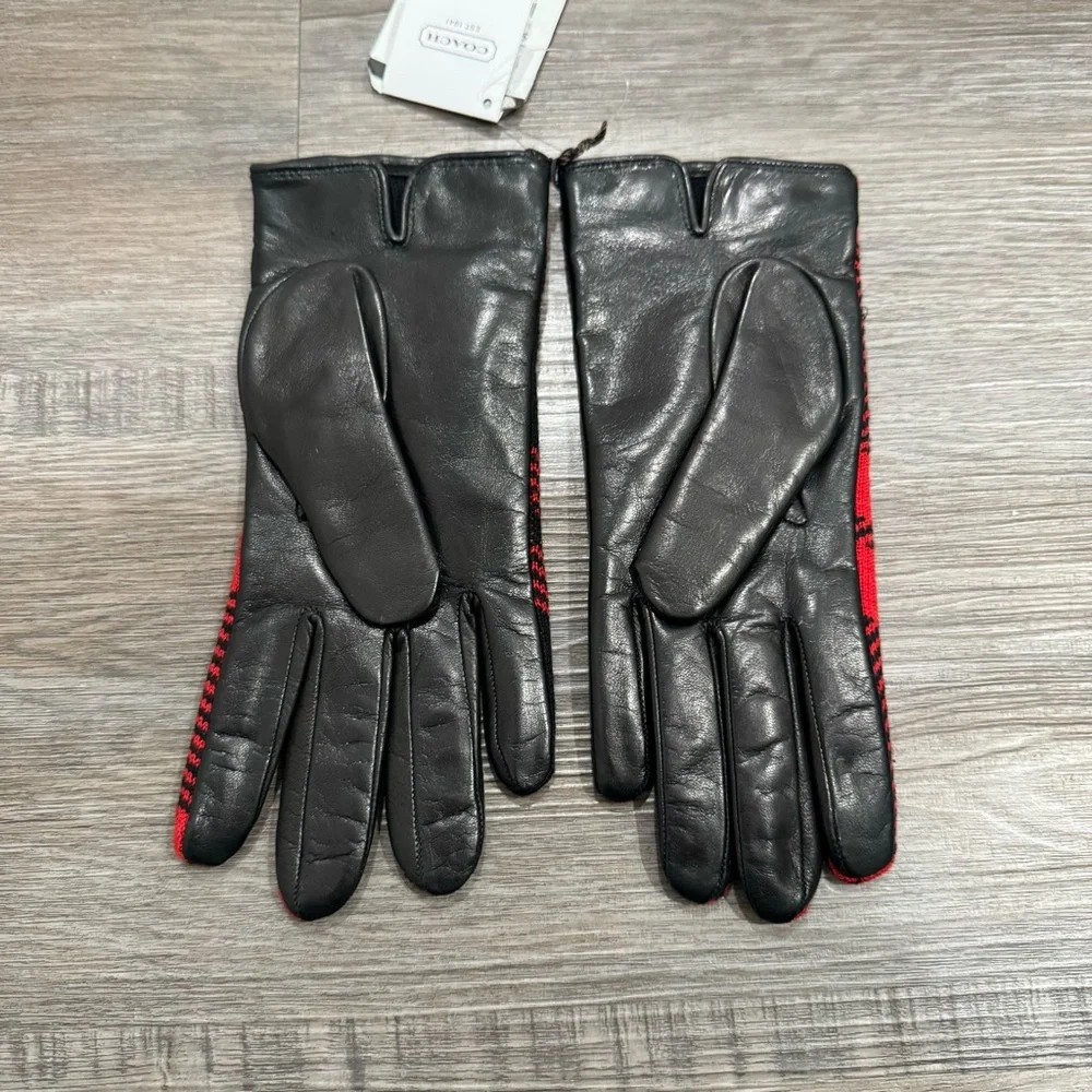 Coach Plaid Red Black Leather Gloves